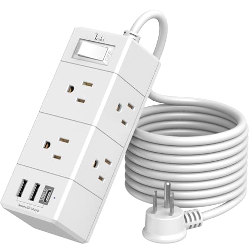 10Ft Extension Cord Flat Plug Power Strip - Tcstei 3-Side Outlet Extender with 6 AC Outlets and 3 USB Ports (1 USB C), Compact for Home, Office, Dorm Room Essentials, White - color: White, size: 10 Ft