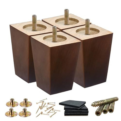 SHANJUE 4 Inch Wood Furniture Legs Set of 4, Square Brown Couch Legs with 5/16" & M8 Bolts for Wide Compatibility, Heavy Duty 1500 Lbs Mid Century Replacement Feet for Sofa, Dresser, Bed & Chair - size: 4 inches