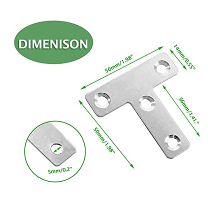 Uenhoy 20 Pcs T Shape Flat Mending Plates 50mm x 50mm (2" x 2") T Corner Braces T Bracket Connector Fixing Repair Plates for Furniture, Silver - size: 50x50mm/2"x2", style: T Shape