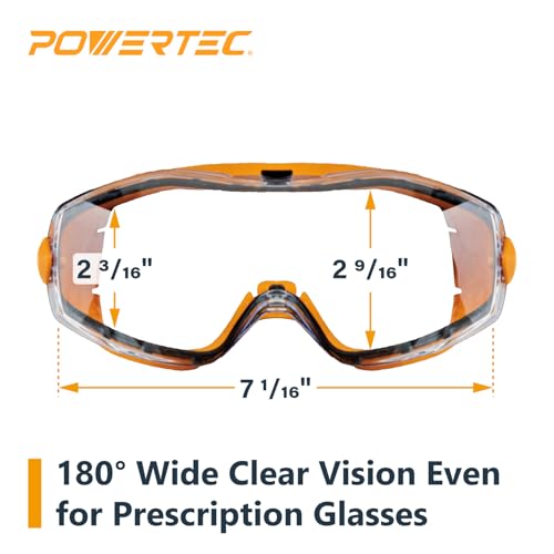 POWERTEC Safety Goggles Over Glasses, Scratch Proof UV Protection Anti-fog Safety Goggles, Chemical Splash Protective Eyewear W/Adjustable Headband for Woodworking, Mowing, Construction (71563) - style: Safety Goggle