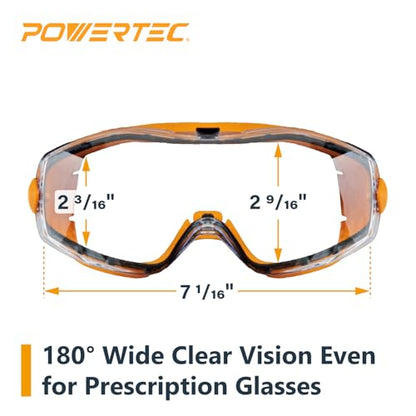POWERTEC Safety Goggles Over Glasses, Scratch Proof UV Protection Anti-fog Safety Goggles, Chemical Splash Protective Eyewear W/Adjustable Headband for Woodworking, Mowing, Construction (71563) - style: Safety Goggle
