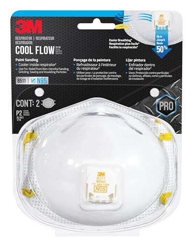 3M N95 Respirator 9511, Cool Flow Valve, 2 Pack, NIOSH-APPROVED, Advanced Filter Media For Easy Breathing, Comfortable For Long Periods Of Wear, Helps Filter Pollen, Mold Spores & Dust (8511PA1-2A-PS)