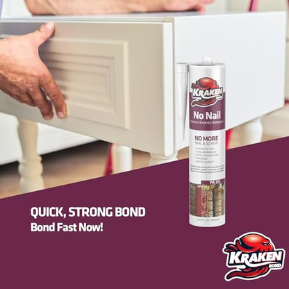 KRAKEN BOND No More Nails Clear Polyurethane Adhesive - 100% Waterproof (D4) and Sealant for Wood, Ceramic, Tile, Floor, Granite, Rubber | 12 Pack, 10.1 Fl. Oz. - size: 12 Pack, style: No More Nails Adhesive