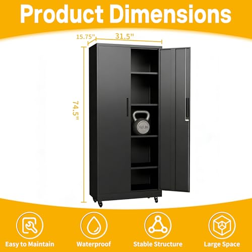Metal Storage Cabinet with Wheels, 74.5" Garage Storage Cabinet with 4 Adjustable Shelves & Lockable Doors, Heavy Duty Garage Cabinets for Office, Home, Garage, Gym, School - size: 74.5"H x 15.75"D x 31.5"W