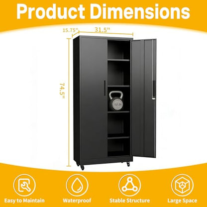 Metal Storage Cabinet with Wheels, 74.5" Garage Storage Cabinet with 4 Adjustable Shelves & Lockable Doors, Heavy Duty Garage Cabinets for Office, Home, Garage, Gym, School - size: 74.5"H x 15.75"D x 31.5"W