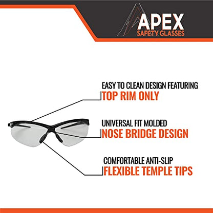 Malta Dynamics APEX Safety Glasses – Anti Scratch and Anti Fog Protection, Construction Safety Glasses for Men and Women, ISEA & ANSI Z87 Compliant (Clear, 12 Pairs) - color: Clear - 12 Pair