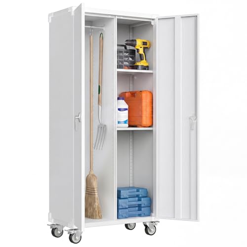 DUMOS 72" Metal Garage Storage Cabinet with Wheels, Tall Rolling Steel Tool Cabinet with Adjustable Shelves and Locking Doors, Lockable File Cabinet for Garage, Home, Office, Warehouse, White - color: Classic White, size: 72"H-Large