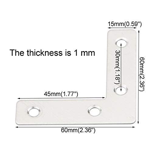 4 Holes Angle Plate Corner Brace Flat L Shape Repair Bracket Connector Fixing Repair Plated Joint Bracket Wooden Furniture Fixture Protector 60mm x 60mm / 2.36 x 2.36 inch, Pack of 20