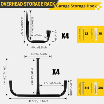 Overhead Garage Storage Rack 4 Pack with 4 Hooks, 66Lbs & 45Lbs Capacity, Heavy-Duty 444Lbs Total Garage Ceiling Storage System