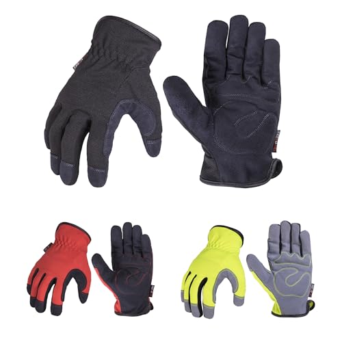 SKYDEER 3-Pairs Pack Durable Leather Work Gloves for Gardening and General Work (SD8810/L) - color: 3 Pairs Black Red Fluorescent Green, size: Large
