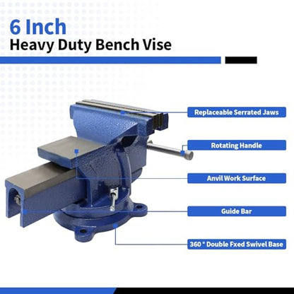 Nakkaa 6" Heavy Duty Bench Vise Cast Iron Vise with 360° Flexible Swivel Locking Base Home Work 6 Inch Swivel Bench Vice with Anvil - size: 6 Inch Bench Vise