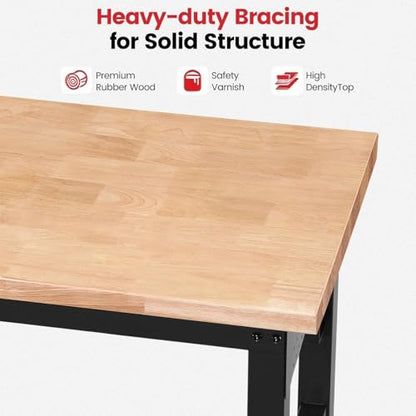 ENJOYWOOD 60" x 22" Heavy Duty Workbench with Wheels, Adjustable Height Garage Work Table with Solid Rubberwood Top, Double Layer Shelf, Sided Pegboard & Power Outlets for Home & Workshop - size: XX-Large