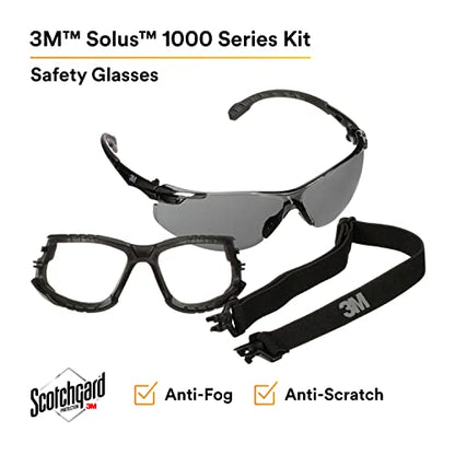 3M Safety Glasses, Solus 1000 Series, S1502SGAF-KT, Kit with Removable Foam Gasket and Strap, Black Frames, Gray Scotchgard Anti-Fog Coated Lens, Pack of 1 - color: Black Frame