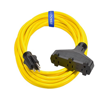 Clear Power 25 ft 14/3 SJTW 3 Outlet Heavy Duty Outdoor Extension Cord, Water, Weather & Kink Resistant, Flame Retardant, Yellow, 3 Prong Grounded Plug, CP10124