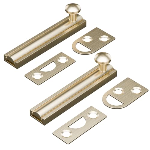 3 Inch Solid Brass Surface Bolt, Heavy Duty Concealed Slide Surface Door Bolt, Slide Bolt Latch French Door Lock with Screws for Windows Cabinet Wooden Fence Yard, Brushed Gold, 2 Pack - color: Brushed Gold-2 Pack, size: 3 Inch