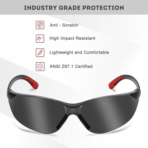 ProtectX Safety Glasses for Men & Women, Safety Sunglasses with Anti-Fog Scratch Resistant Lenses, Non-Slip Grips, ANSI Z87.1 - color: Olympus Red Tip Smoke 3 Pk
