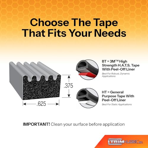 TRIM-LOK Ribbed Rectangle Rubber Seal with 3M Bonded Tape, 0.187-Inch Height, 0.375-Inch Width, 500-Foot Length, EPDM Foam Weather Stripping for Door Frame, Window Insulation, Vehicles, and Boats