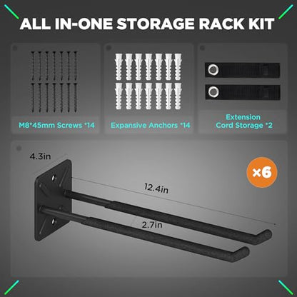 NACIAL 6 Pack Garage Storage System Hooks, Heavy Duty Wall Mount Tool Organizer, Chair Hanger Garage Storage Utility Hooks for Car Tires, Ladders, Chairs, Strollers, Power Tools, Garden Tools - 6 PACK - size: 6