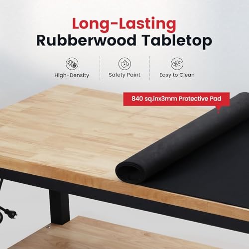ENJOYWOOD 48" x 20" Heavy Duty Workbench Adjustable Height Garage Work Table with Solid Rubberwood Top, Double Layer Shelf, Pegboard & Power Outlets for Workshop, Home & Office - size: Small