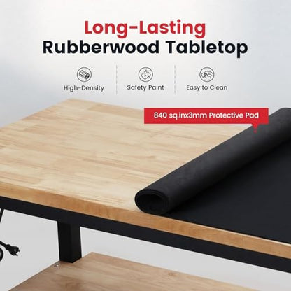 ENJOYWOOD 48" x 20" Heavy Duty Workbench Adjustable Height Garage Work Table with Solid Rubberwood Top, Double Layer Shelf, Pegboard & Power Outlets for Workshop, Home & Office - size: Small