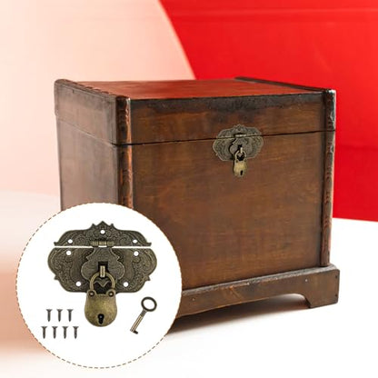 Antique Engraved Decorative Hasp Latch Lock and Mini Bear Padlock Kit Jewelry Box Hinges and Latches with Key and Mounting Screws Bronze Embossing Latch Hinges for Craft Wooden Furniture Projects