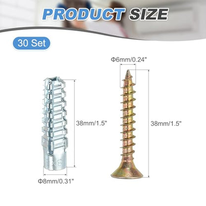 PATIKIL 30 Pcs Drywall Hollow Wall Anchors with Screws 0.24 x 1.5, Steel Dry Wall Anchors Kit for Wooden Concrete Plaster Hinge Hole Repair, Silver (8 x 38mm) - size: 8 x 38mm