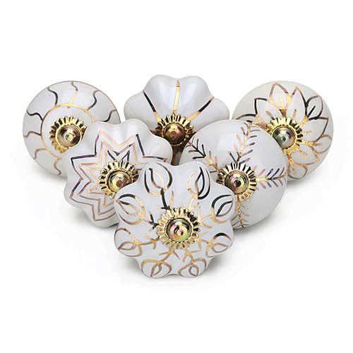Craft Trade Ceramic Cabinet Knobs for Kitchen Cabinets & Drawers - Bohemian Dresser Pulls for Livingroom Furniture, Closet & Bathroom - Handmade Vintage Cabinet Décor Handles - White Gold, Set of 6 - color: Gold, style: 6