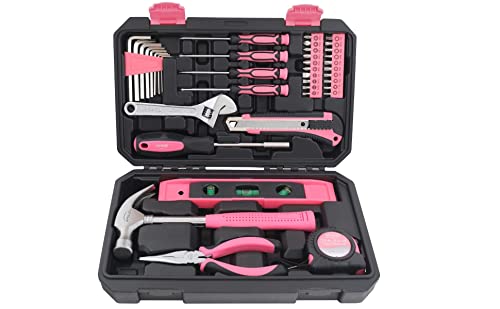 Apollo Tools 39 Piece General Household Tool Set in Toolbox Storage Case with Essential Hand Tools for Everyday Home Repairs, DIY and Crafts - Pink Ribbon - Pink - DT9711P - color: Pink, size: 39-Piece (with Long Nose Pliers + Wrench)