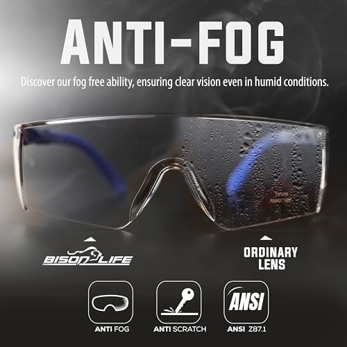 BISON LIFE Anti Fog Clear Safety Glasses with Adjustable Temple & Side Protection, Wraparound Anti-Scratch Lens, Clear Lens & Blue Temple, Lab Goggles, Mowing, Gardening & More (Pack of 3) - color: Clear/Blue