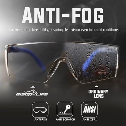 BISON LIFE Anti Fog Clear Safety Glasses with Adjustable Temple & Side Protection, Wraparound Anti-Scratch Lens, Clear Lens & Blue Temple, Lab Goggles, Mowing, Gardening & More (Pack of 3) - color: Clear/Blue