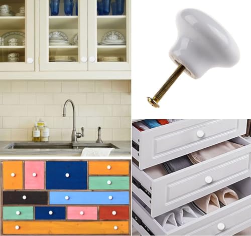 4X White Door Knob Cabinet Retro Round Ceramic Drawer Cupboard Kitchen Dresser Pull Handle Knobs 32mm/1.25" with 3-Sized Screws - size: 4pack