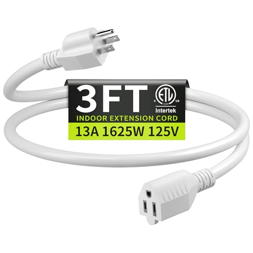 16/3 White Extension Cord 3 FT, Indoor Extension Cord for Laptops, Coffee Makers, Office Home Appliances, 3 Prong Resistant Cable Flexible, 13A 125V 1625W ETL Listed - color: White, size: 3FT, style: 16AWG Extension Cord