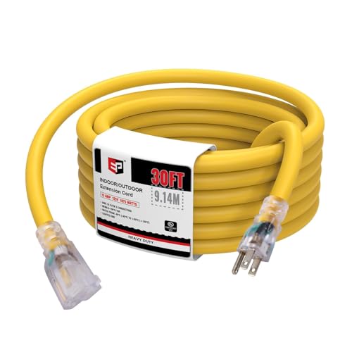 EP 30 Ft Lighted Outdoor Extension Cord - 10/3 SJTW Heavy Duty Yellow Extension Cable with 3 Prong Grounded Plug for Safety, ETL Listed - color: Yellow, size: 30ft