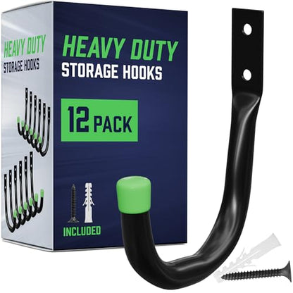 PRIMERIVER Heavy Duty Garage Storage Hooks | J-Hook Wall Mount Hangers with Screws | Utility Hooks for Tools, Ladders & Bikes – 12-Pack