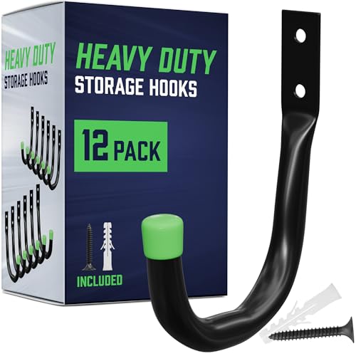 PRIMERIVER Heavy Duty Garage Storage Hooks | J-Hook Wall Mount Hangers with Screws | Utility Hooks for Tools, Ladders & Bikes – 12-Pack