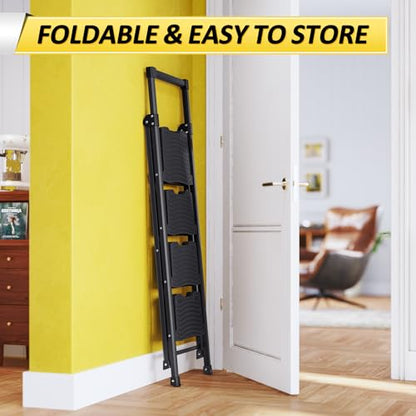 KINGRACK Step Ladder 4 Step Folding, 900lbs 4 Step Ladder with Anti-Slip Wide Pedal and Handrails, Lightwight Household Ladder, Pass 900LBS Testing, for Your Kitchen, Pantry, Closets, Office Use - size: 4-step With Handrail