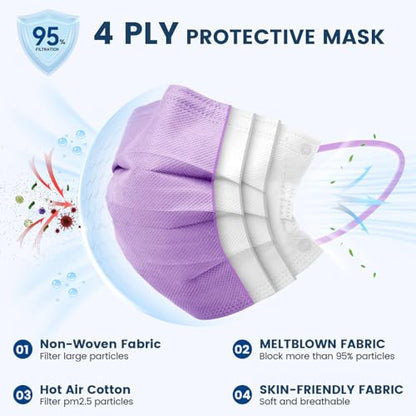 Disposable Face Mask For Adults - Travel Essentials, 100 Pack Individually Wrapped, 4 Ply Protection,Safety Masks Disposable - color: Purple