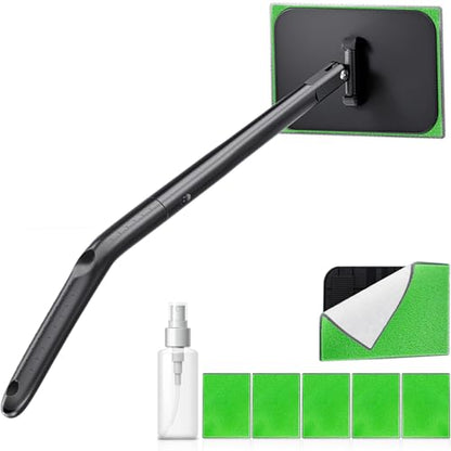 Car Windshield Cleaner Tool with Extendable Handle, Inside Auto Window Glass Cleaning Kit with 5 Washable Microfiber Pads, Streak-Free Defogger Wand for Deep Dashboards & SUVs - color: Dark Green