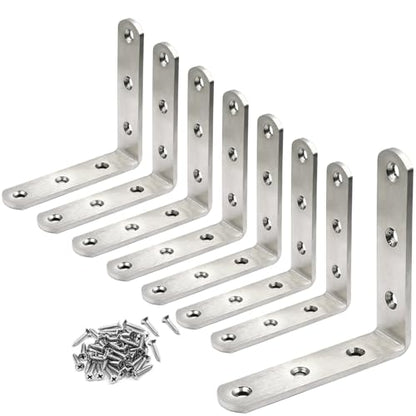 8 PCS L Bracket Stainless Steel Corner Brackets 3 x 3 inch Right Angle Bracket for Wood Furniture, Heavy Duty Metal Joint Corner Brace, with Screw