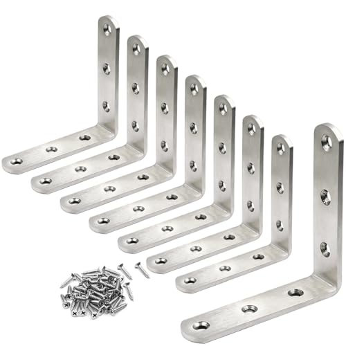 8 PCS L Bracket Stainless Steel Corner Brackets 3 x 3 inch Right Angle Bracket for Wood Furniture, Heavy Duty Metal Joint Corner Brace, with Screw
