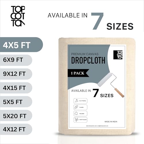 Top Cotton Canvas Drop Cloth 1Pc, Reusable Paint Drop Cloth, 100% Recycled Cotton Canvas Tarp Cover for Painter, Furniture, Floor Protection, All Purpose Painters Dropcloth for Christmas DIY (4x5FT) - size: Pack of 1 - 4' x 5' (Standard)