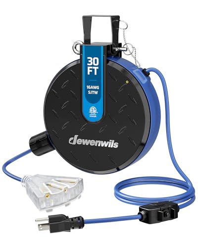 DEWENWILS 30FT Retractable Extension Cord Reel, Ceiling/Wall Mount 16/3 SJTW Power Cord with 3 Lighted Triple Outlets for Garage Shop, 10 Amp Circuit Breaker, Metal Plate, ETL Listed, Blue - color: Blue