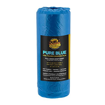 Dura-Gold 24" x 177' Pure Blue Pre-Folded Masking Film - Painters Plastic Roll (0.4 Mil) Pull Down Drop Sheet, Pre-Folded Plastic Sheeting for Painting Protection on Auto, Walls, Furniture - size: 24-inch