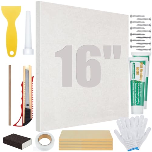 22 Pcs Drywall Repair Kit with 16x16x1/2 Drywall Repair Panel, Sheetrock Hole Patch Kit with Wall Patching Paste, Sanding Block, Putty Knives, to Fill Large Holes for Home Wall Surface Ceiling - size: 16 x16 x1/2 Inch
