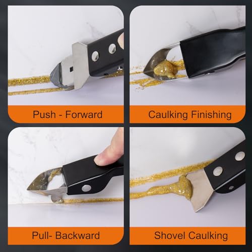Caulking Tool Kit, Stainless Steel Caulk Remover Tool, 4 in 1 Grout Removal Tool, Sealant Finishing Tool with 5 Silicone Pads, Caulk Removal Tool for Shower Kitchen Bathroom Floor Window Sink, Black - color: Black