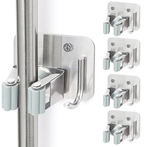 Broom Holder Wall Mount Screw Drilling, Sturdy Heavy Duty Stainless Steel Mop Gripper Rack Perforated, Perfect for Laundry Room Organizer, Fit with Laundry Kitchen Garage Garden Storage System - color: Silver