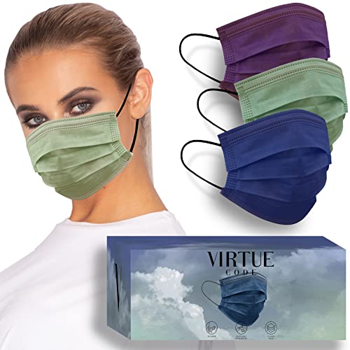 VIRTUE CODE Support Face Masks - Soft 3 Ply Comfort Colorful Disposable Face Mask 50 Pack. Blue Purple Green Colored Masks. Adults Mens and Womens Disposable - color: Sea Breeze