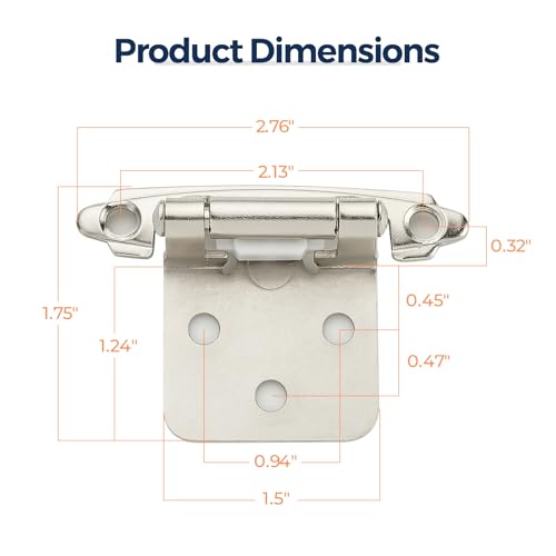 4 Pack (2 Pairs) Brushed Nickel Cabinet Hinges for Kitchen Doors, Self-Closing, 1/2 Inch Overlay (Variable), Semi-Concealed Face Frame, Surface Mount Cabinet Hardware, Silver - color: Brushed Nickel