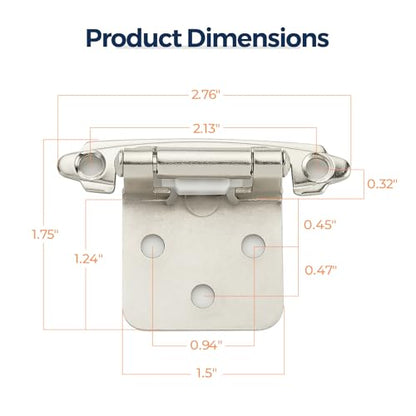 4 Pack (2 Pairs) Brushed Nickel Cabinet Hinges for Kitchen Doors, Self-Closing, 1/2 Inch Overlay (Variable), Semi-Concealed Face Frame, Surface Mount Cabinet Hardware, Silver - color: Brushed Nickel