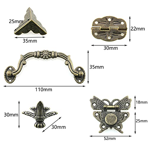 12pcs Jewelry Box Antique Lock Latch Hasp Hinges Handle Box Corner Protectors Kit - Include 1 Antique Lock Latch Hasp 2 Hinges 1 Handle 8 Box Corner Protectors and Enough Screws